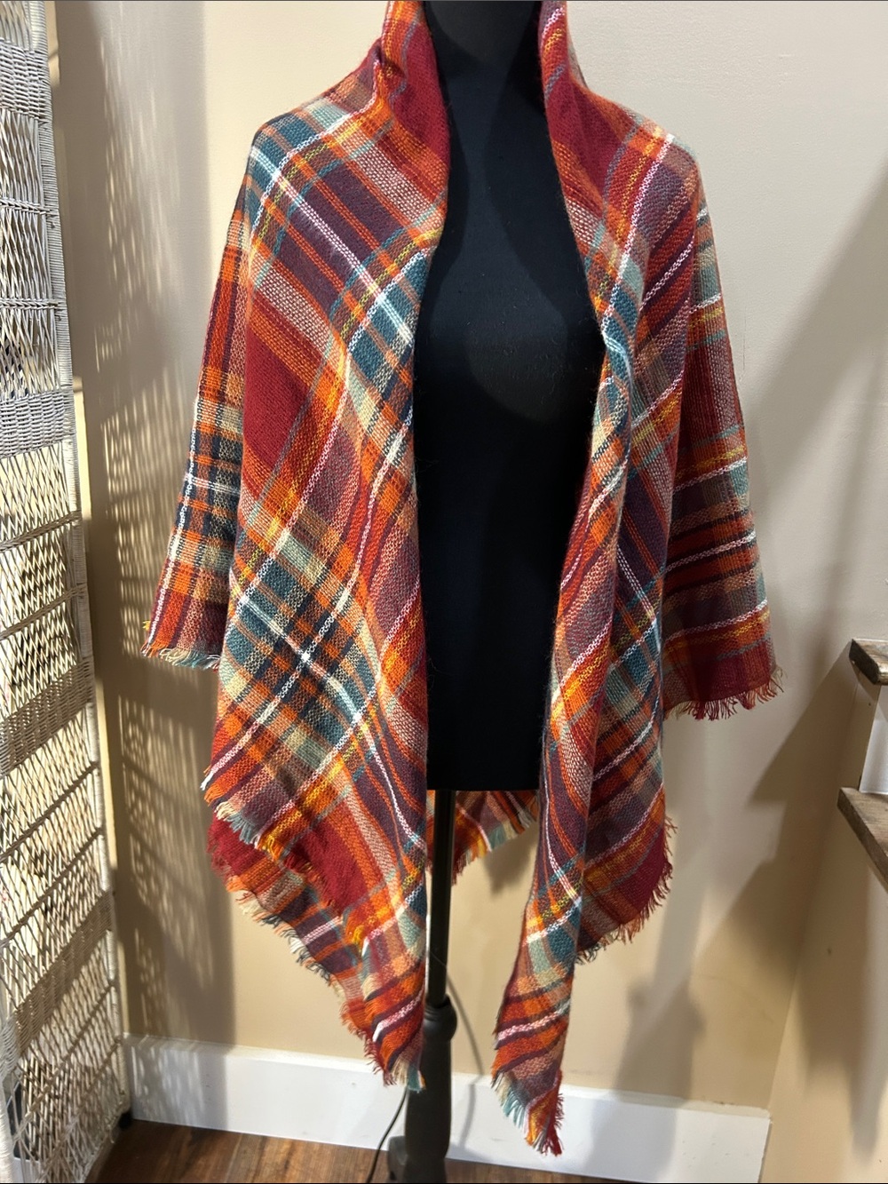 Altar’d  State Plaid Cozy Open Front Wrap - Rust, Teal & Mustard